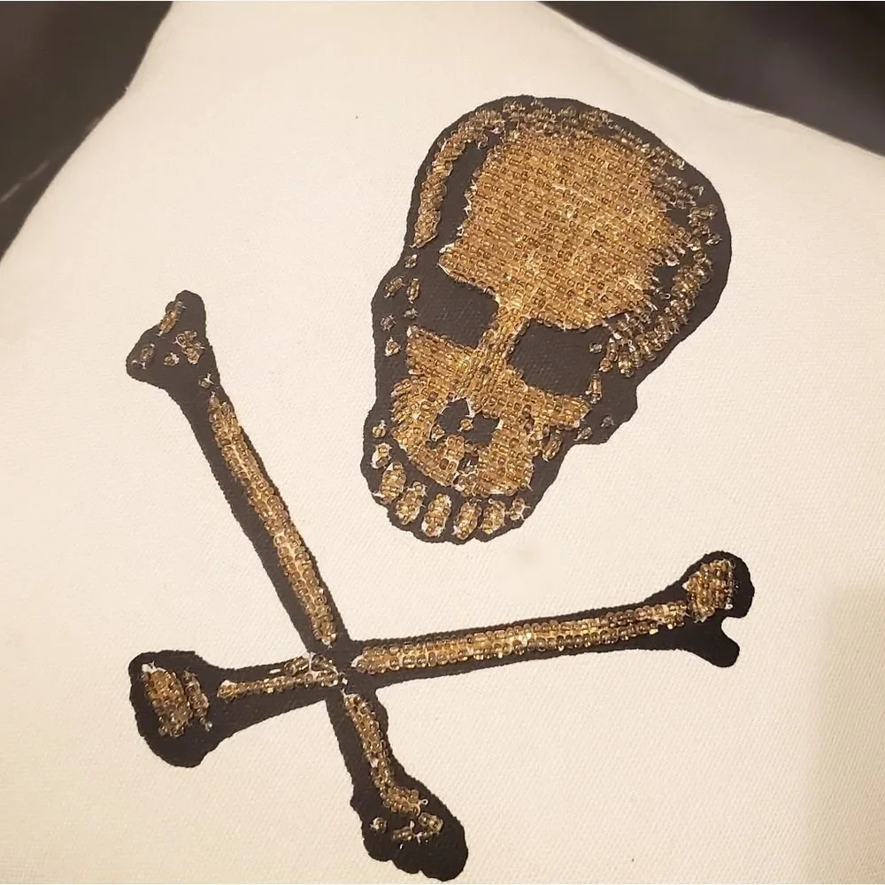 John Derian Beaded Gold Beaded Skull Pillow
